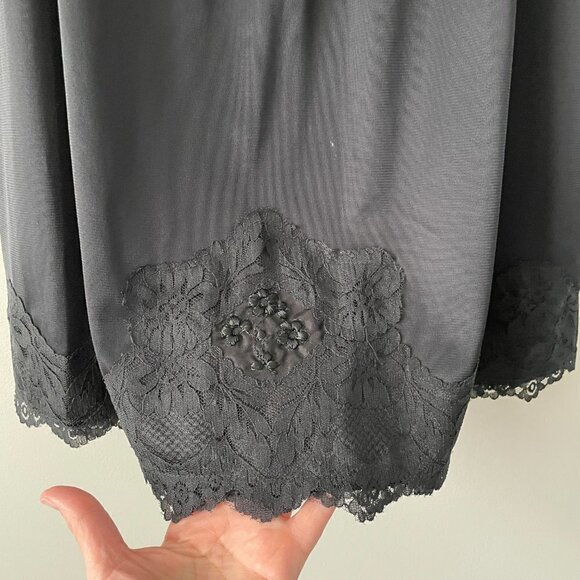 VINTAGE 80s Womens Elastic Waist Slip Skirt Lace Hem Black Large - Picture 4 of 6